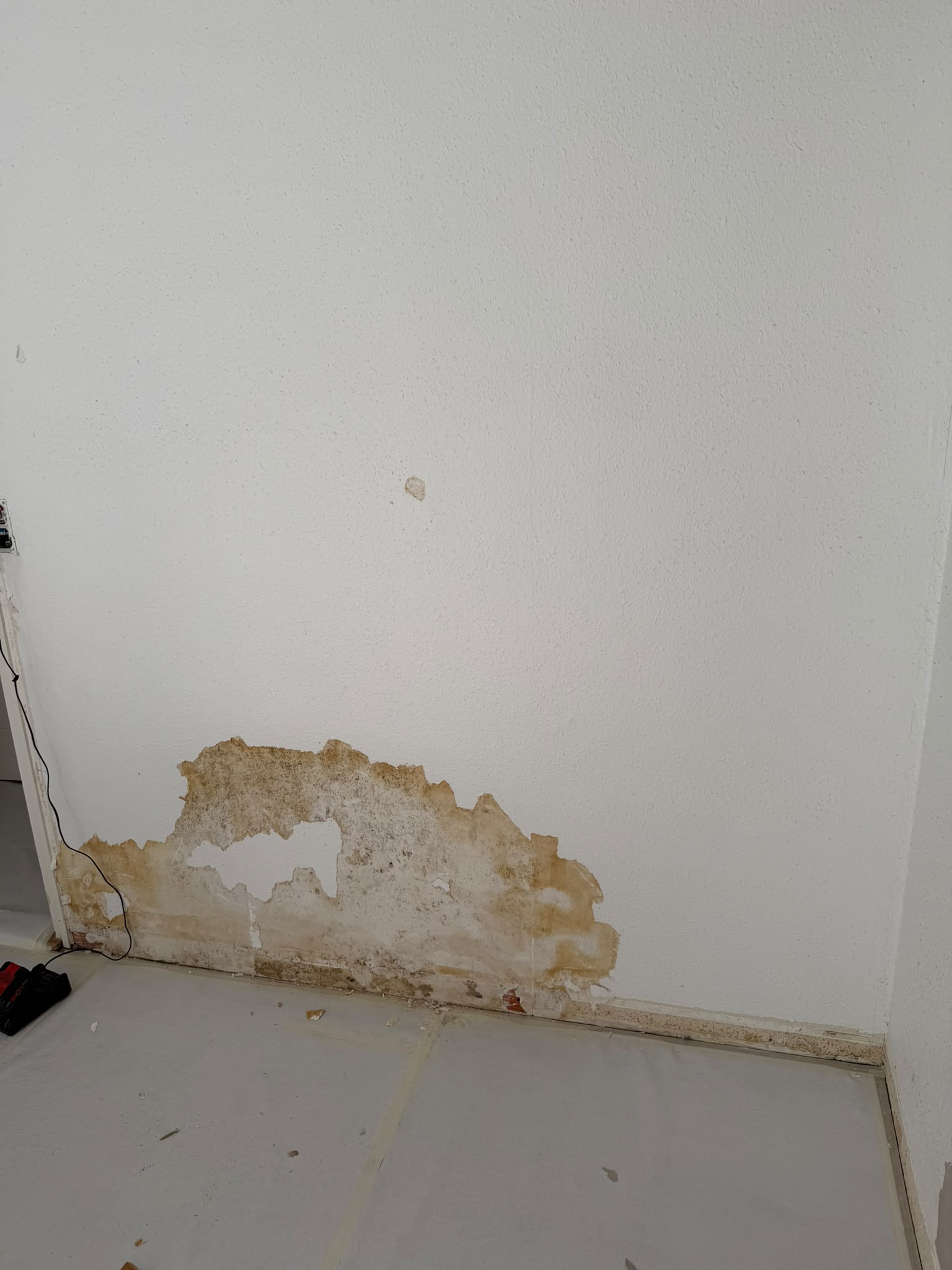 Avant : enduit dégradé et taches d’humidité en bas d’un mur, sol protégé pour les travaux