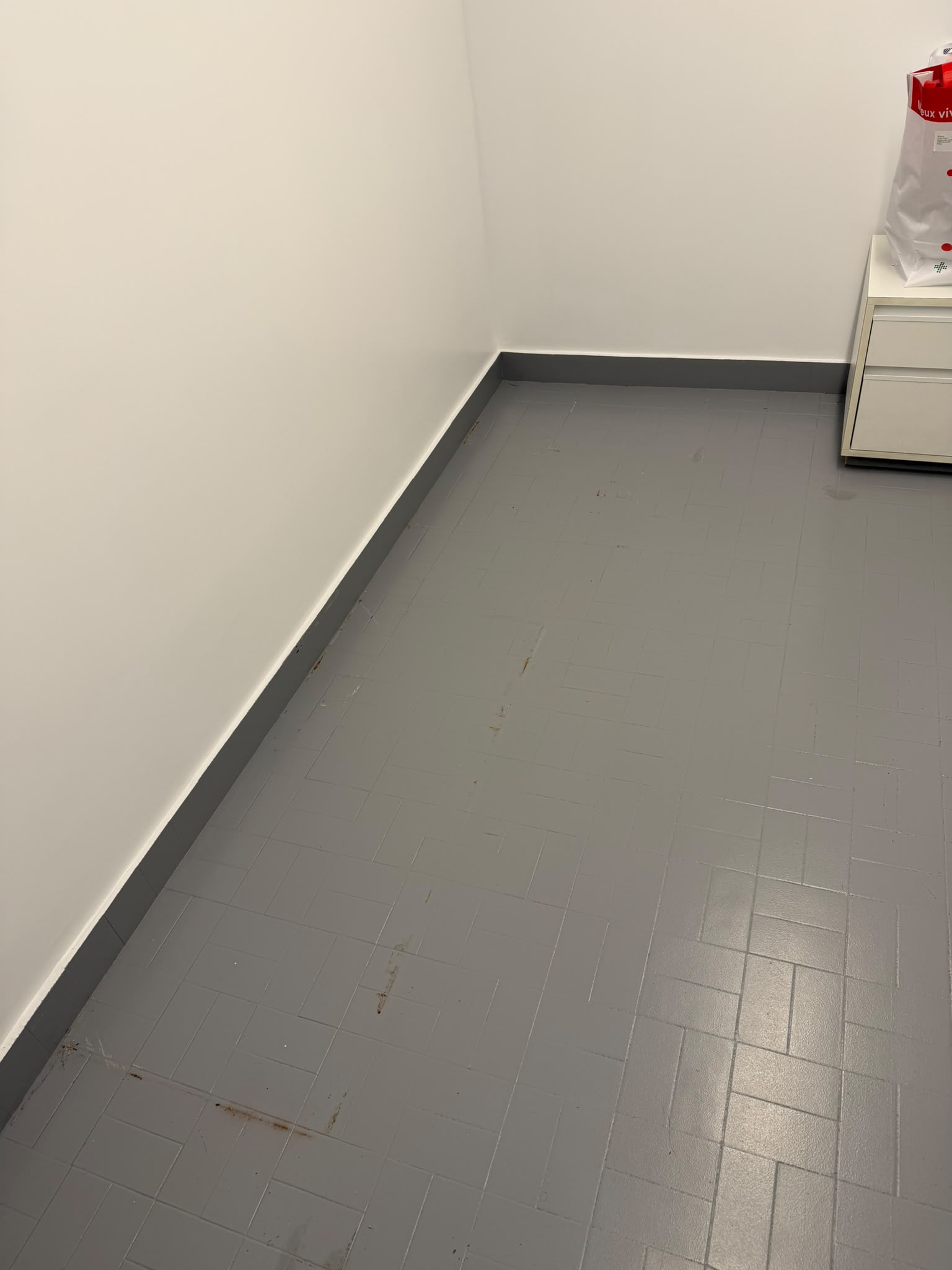 Pièce repeinte en blanc avec parquet à bâtons rompus, frise marquetée et radiateur laqué
