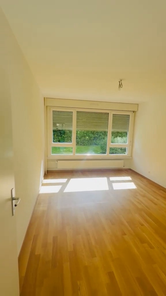 Chambre aux murs et plafond blancs, bandeau de fenêtres et parquet clair